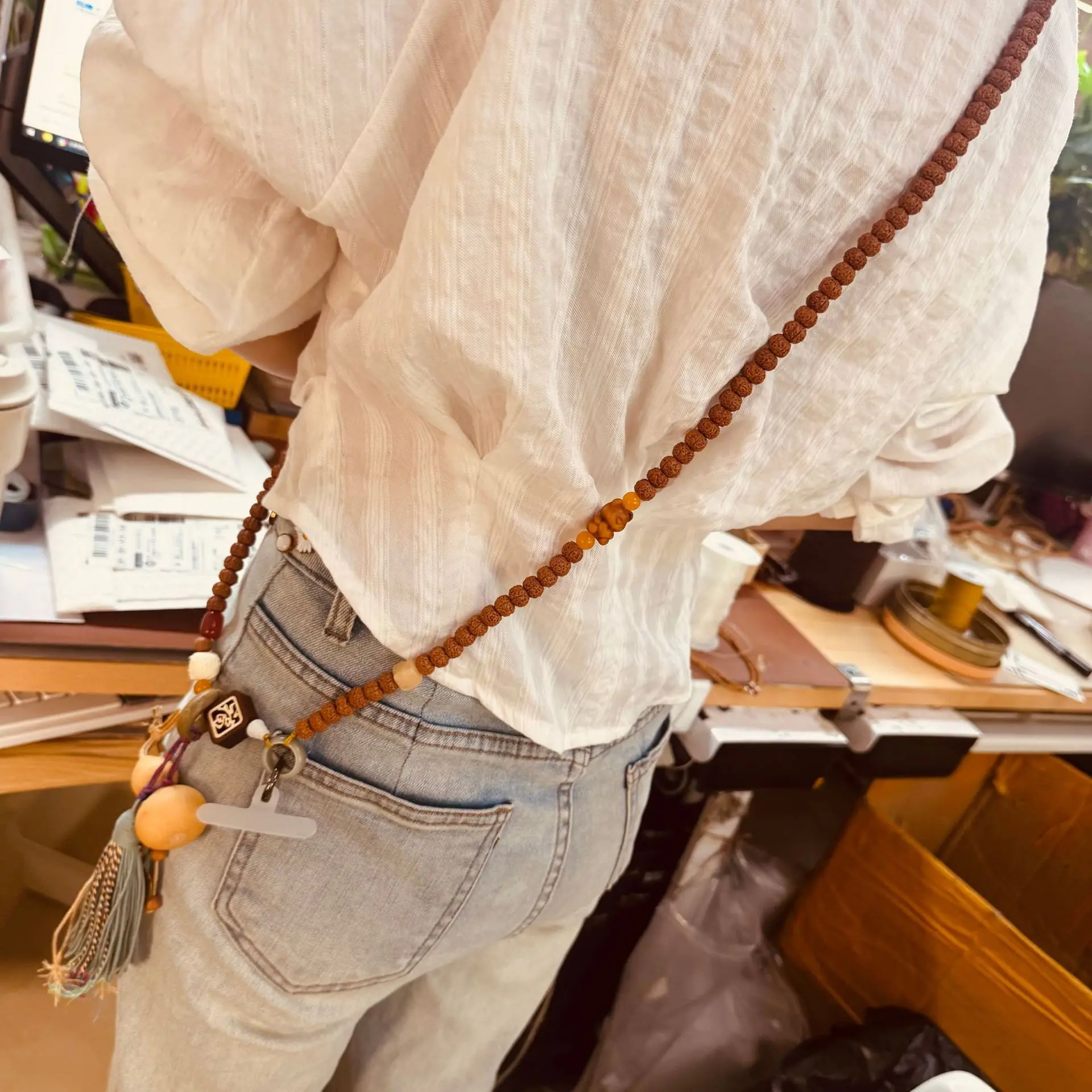 Chinese Traditional Auspicious 9mm Rudraksha Bodhi Seed Beaded Crossbody Chain Tibetan Style Multi Layer Blessing Good Fortune