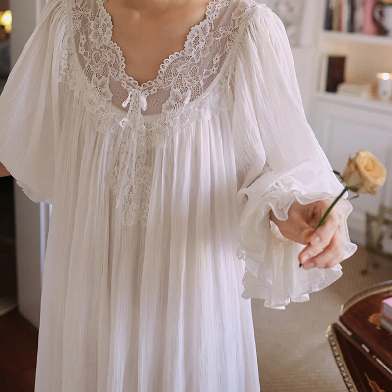French Nightgown Retro Hepburn Princess Court Style Dress Girls with Bubble Sleeves and Loose Fitting Sleepwear for Women Summer
