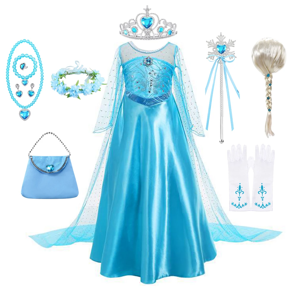 

Children Princess Costume Kids Elsa Carnival Tulle Maxi Dress Girls Snow Queen Ball Blue Clothes Kids Cosplay Dresses