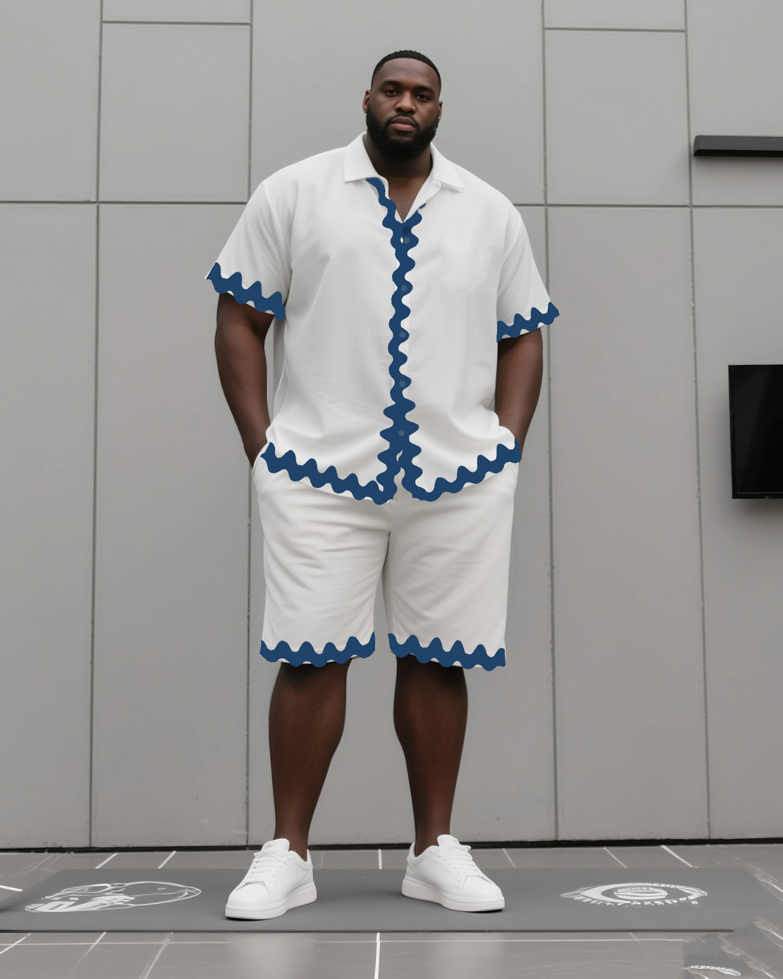 

S-9XL Big and Tall Men Summer Wavy Edge Trim Print Oversized Shirt Shorts Set Multi-Design Casual 2-Piece Outfit