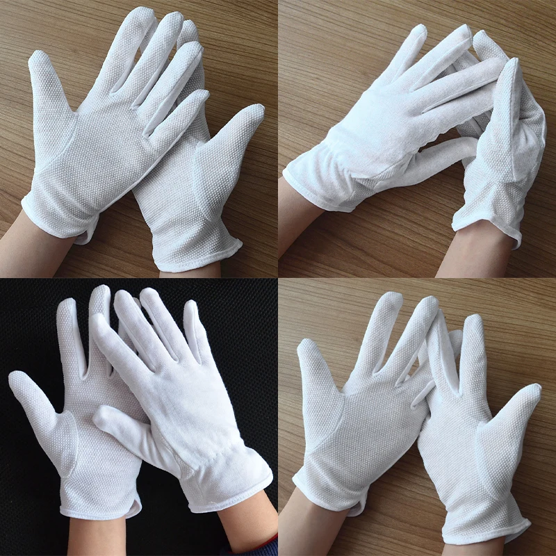 1 paar witte katoenen handschoenen antislip grijper dot handschoenen met elastische manchet heren dames obers chauffeurs serveren formele handschoenen