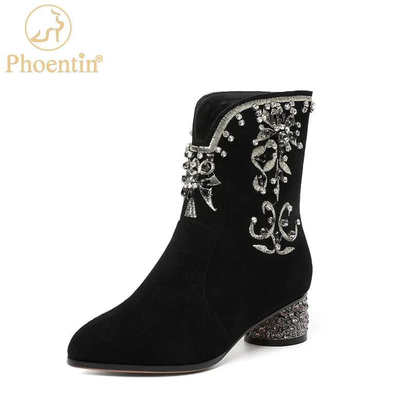 Phoentin Crystal Mid Heel Ankle boot Handmade Embroidery Ethnic Woman\'s winter Boot Kid Suede black shoes plus size 43 FT2006