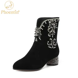 Phoentin Crystal Mid Heel Ankle boot Handmade Embroidery Ethnic Woman's winter Boot Kid Suede black shoes plus size 43 FT2006