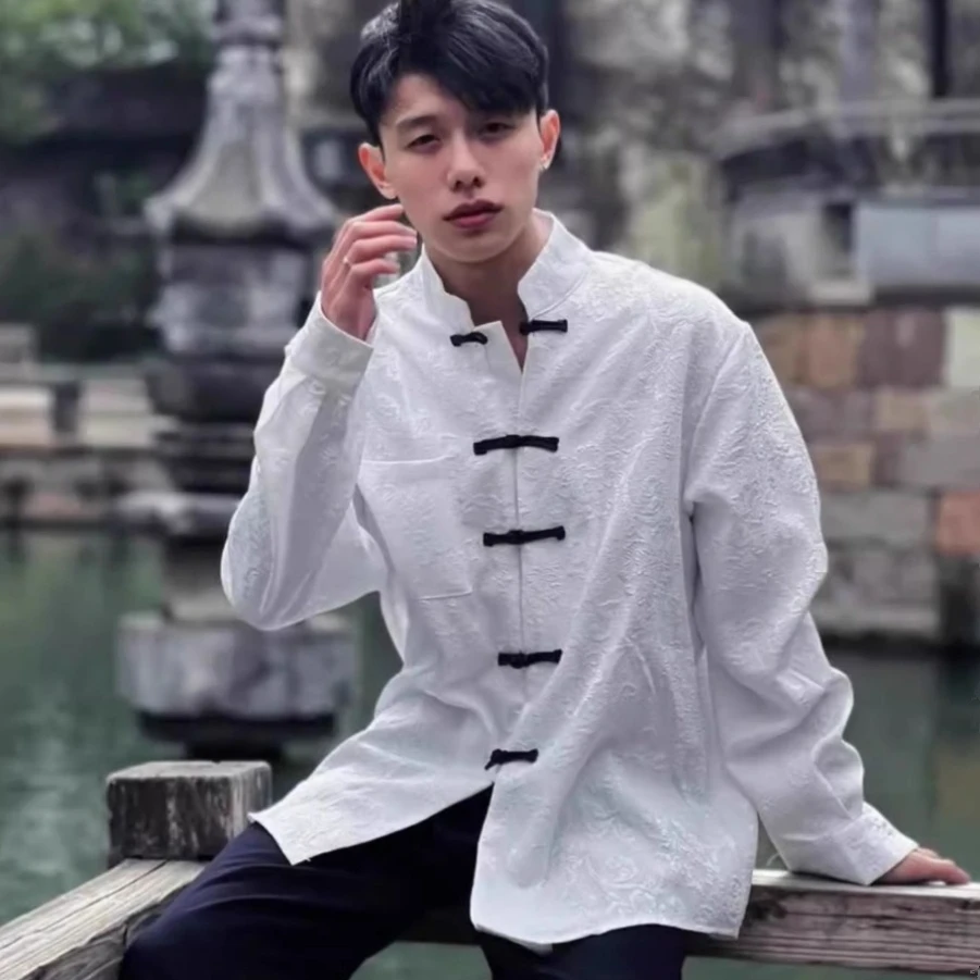 

plus Size Autumn Winter Men's irt Stand Collar Hanfu Sle Big And Tall Faionable Long Sve Casual Busin Wear