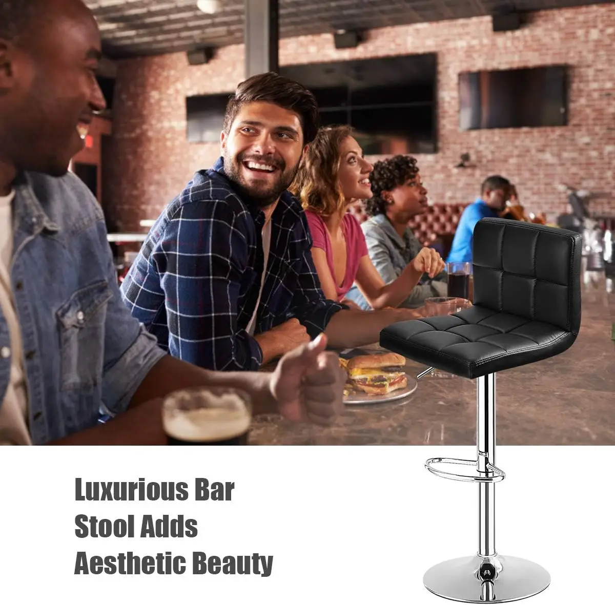 Bar Stool,Modern Swivel Adjustable Height PU Leather Barstools with Back,Square Armless Counter Height Bar Chair