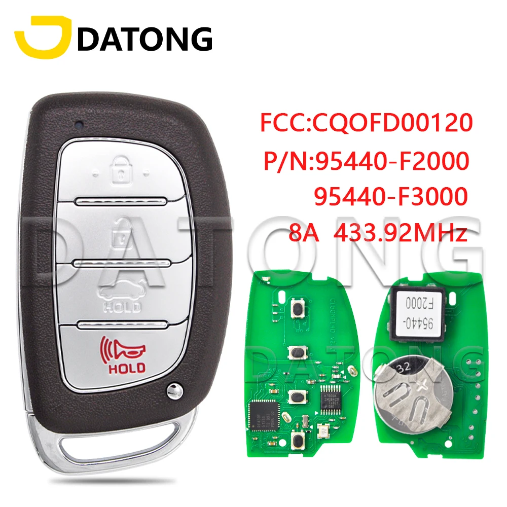 

Автомобильный ключ-пульт Datong World для Hyundai Elantra 2016-2019, CQOFD00120, 95440-F2000/F3000, чип 8A, 433 МГц, бесконтактная карта