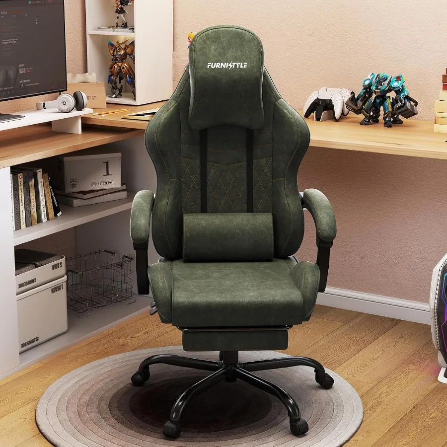 Gaming Chair Big and Tall Green Leather Video Game Chairs with Footrest Padded Linkage Armrests Large Headrest Ergonomic Comput