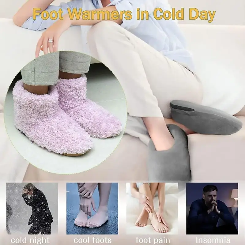 1 Pair Heated Foot Warmer Boots Slipper  Plush Foot Heater Shoes USB Rechargeable Foot Heating Pad Winter Thermal Supplies