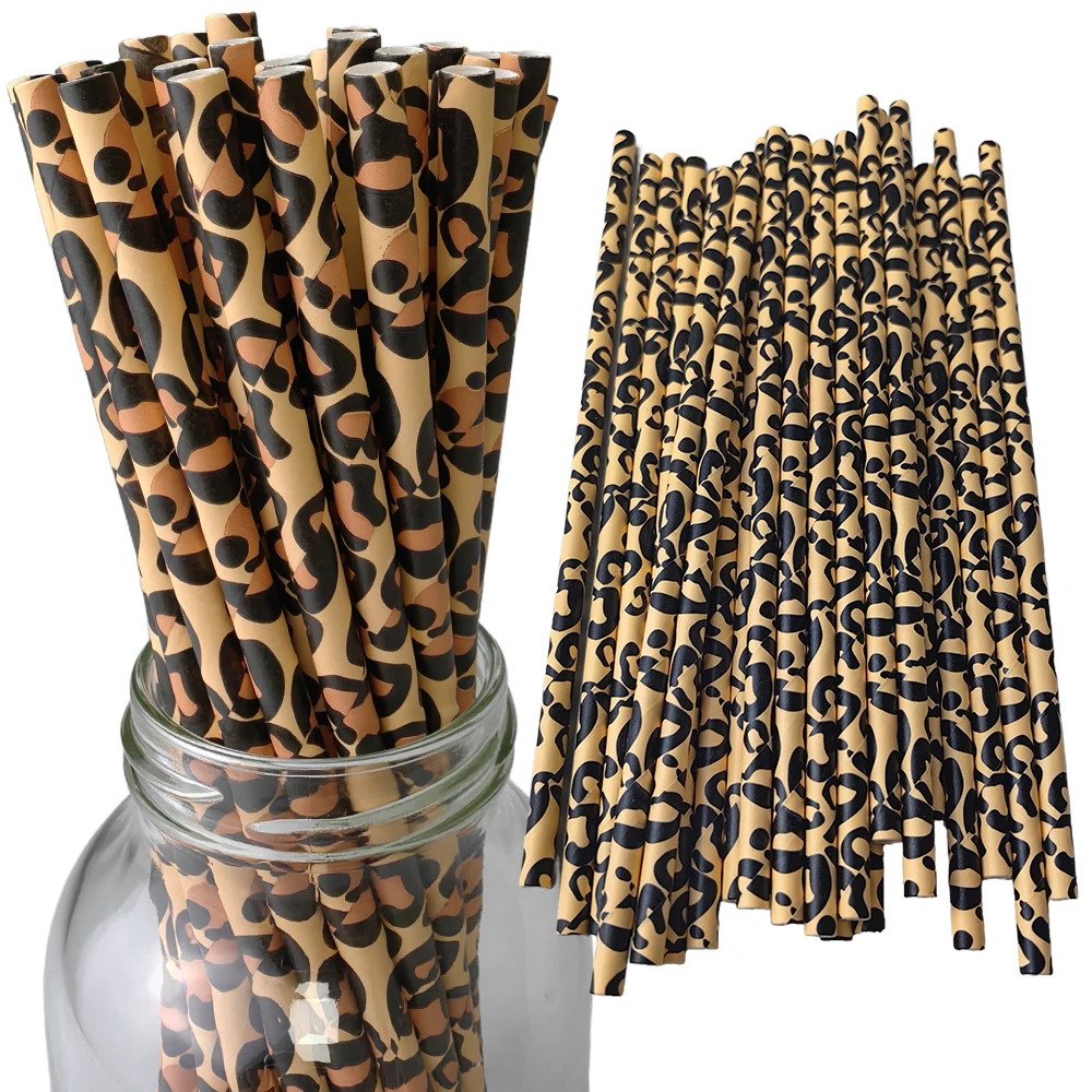 Trinkhalme aus Papier mit Leopardenmuster, Tierstrohhalme, Trinkhalme mit Safari-Motiv für Leoparden-Geburtstags-Tierparty-Dekoration – Detail 1