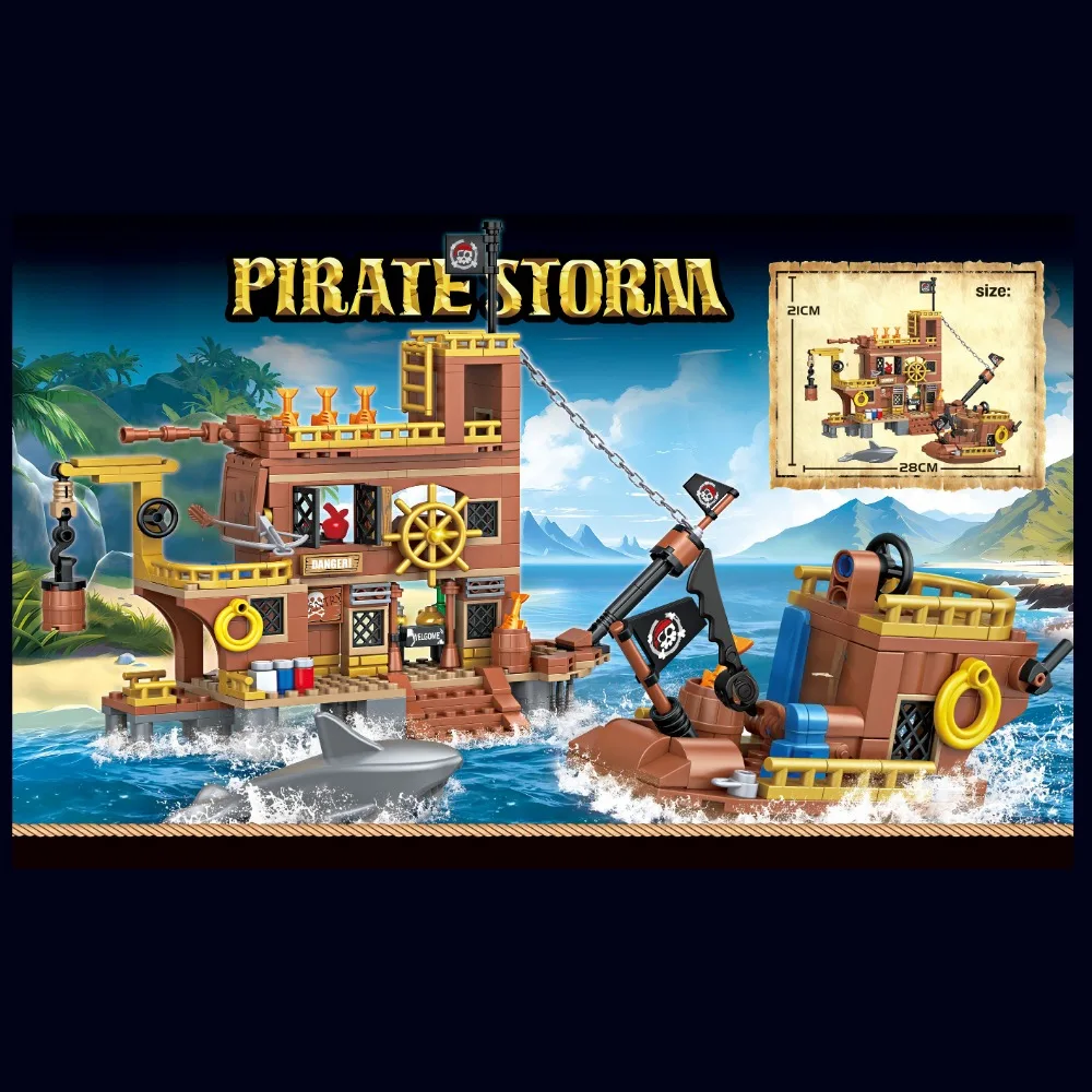 442 pièces MOC Le navire pirate de jeu Blocs de construction Jouets Briques Modèle Figurines Quai de requins Château Décoration de bureau Cadeau d'anniversaire
