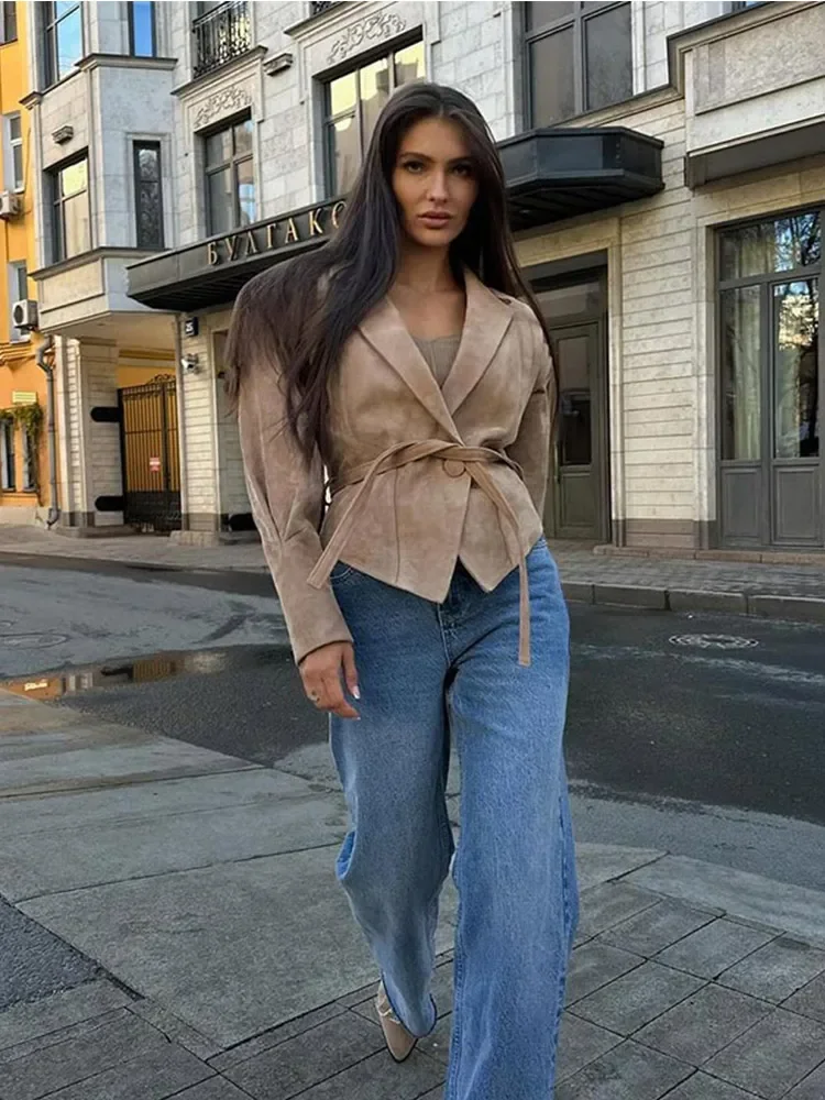 Fashion Women Suede Short Leather Jacket With Belt Pleated Shoulder Long Sleeve Lapel Button Cropped Coat Lady Street Outerwear