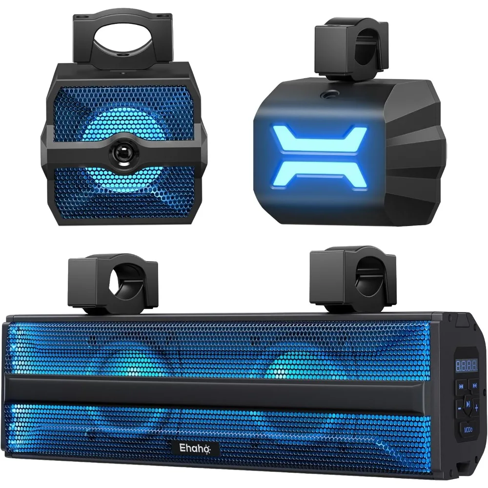 Barra de som estéreo UTV 2.1CH (subwoofer) e alto-falantes, barra de som Bluetooth ATV de 17 polegadas com luzes RGB