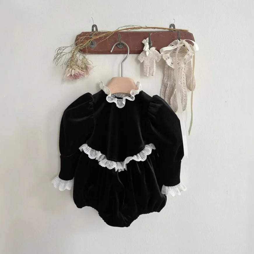 Korean Baby Girl Lace Collar Lace Jumpsuit Romper Christmas Infant Black Velvet Long Sleeve Crawler