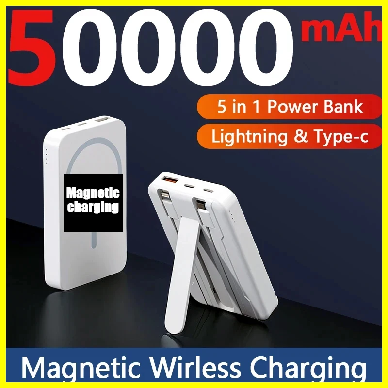 

50000mAh Magnetic Power Bank for iPhone 15 14 13 22.5W 15W Fast Charging Wireless Powerbank With Cable Holder for Samsung Xiaomi