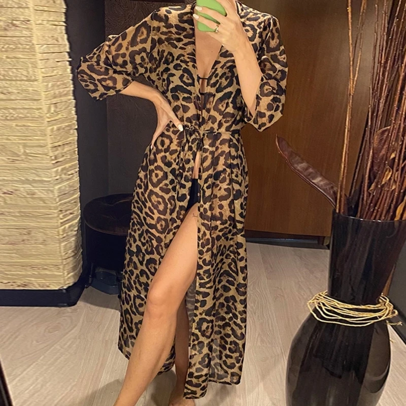 Kobiety lato seksowna podomka kostiumy kąpielowe Leopard-printing tunika stroje kąpielowe Cover-up Dress 2023