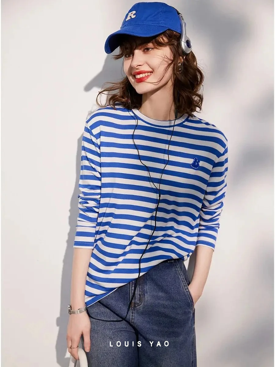 LOUIS YAO-Camiseta a rayas para mujer, camiseta de manga larga con cuello redondo, camiseta informal holgada a la moda, Jersey largo, primavera 2025