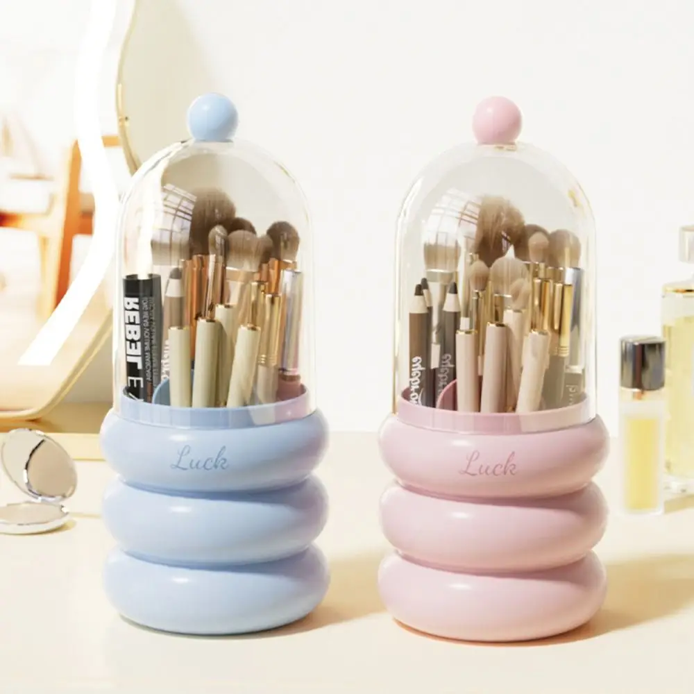 360 Rotating Makeup Brush Storage Holder Transparent Dustproof Makeup Brush Bucket With Lid Large Capacity Cosmetic Container