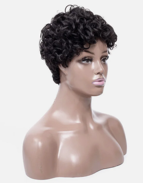 Women Pixie Wigs Short Black Curly Pixie Cut Wigs Loose Wave Synthetic Hair