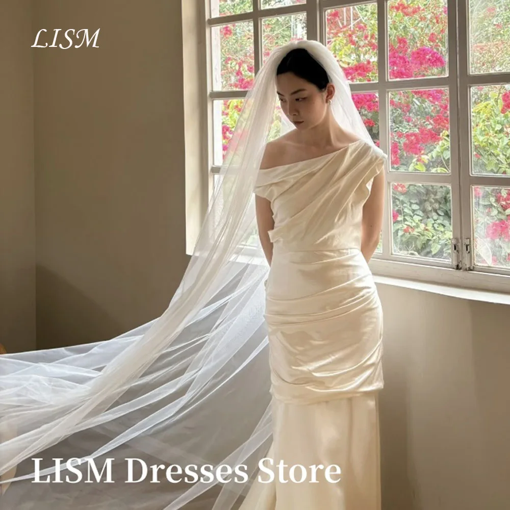 

LISM Elegant Korea Wedding Dresses Photo Shoot One Line Collar Off Shoulder Satin Floor Length Bridal Gowns 웨딩드레스 Customized