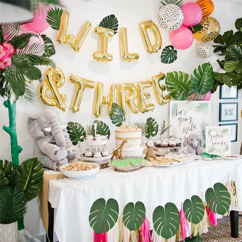 

AA77 84 шт. 6 видов искусственных пальмовых листьев, листьев тропической монстеры, украшения из листьев джунглей, пальмовых листьев с стеблими