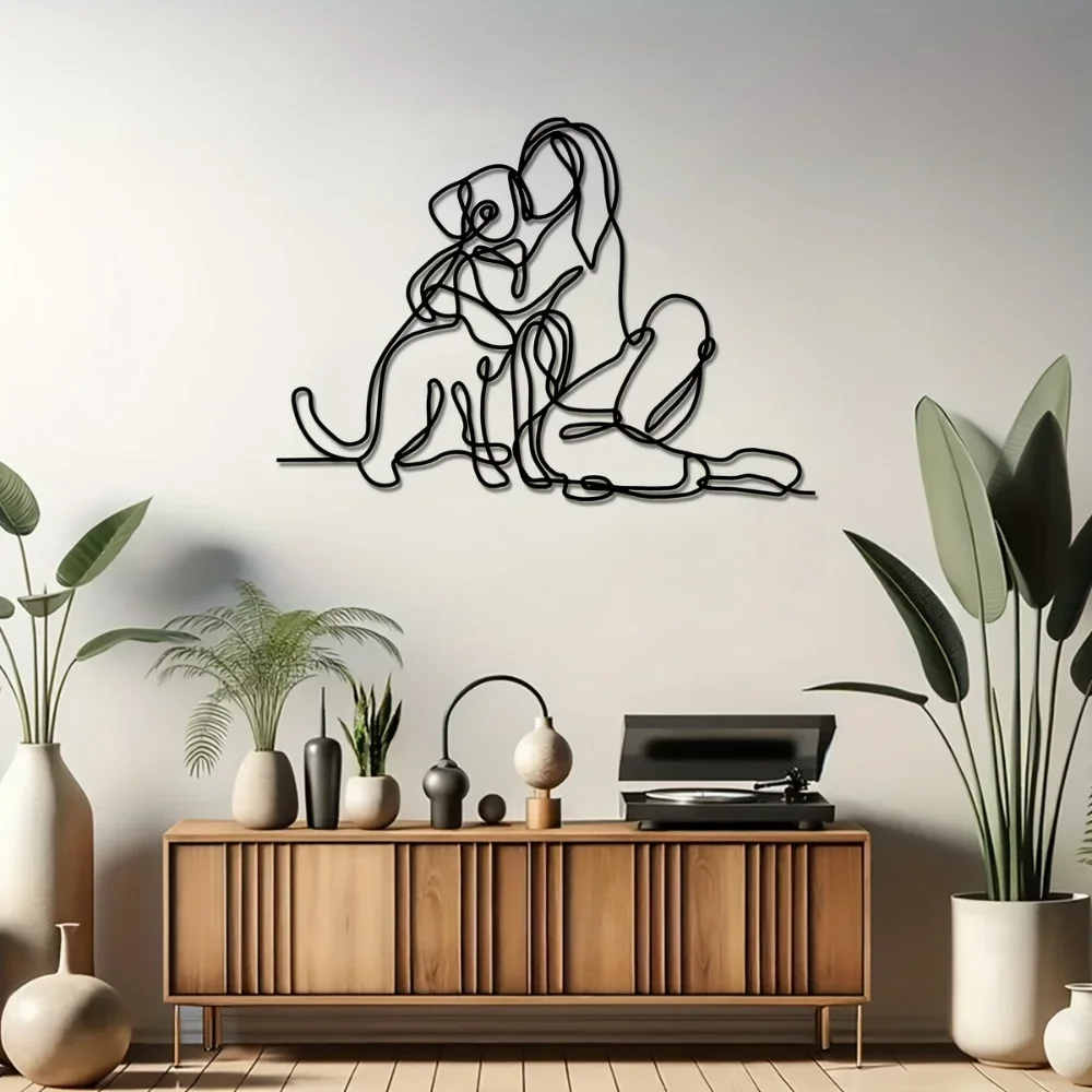 A unique metal wall art showing line sculpture of woman with dog, suitable as a wedding gift, home office wall decoration