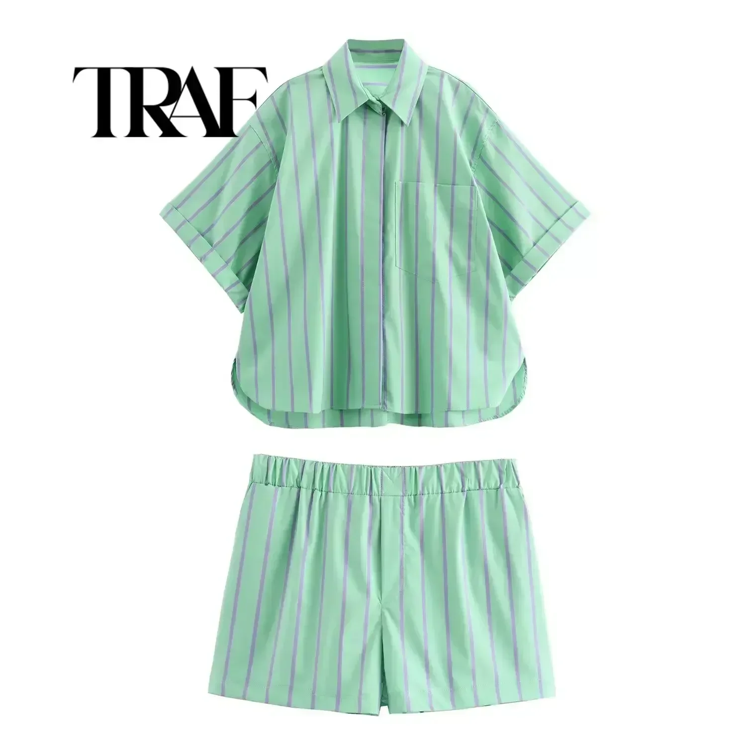 TRAF Woman Fashion Suit Green Stripes Turn-Down Collar Single Breasted Shirts+Mid Waist Side Stripe Long Pants Female Sets