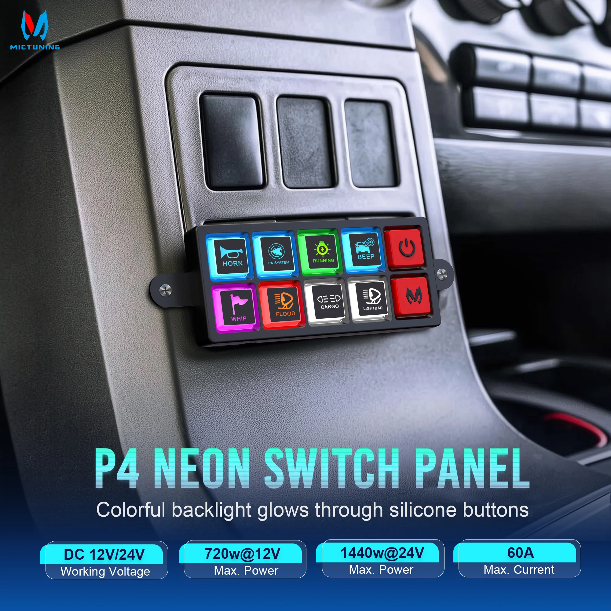MICTUNING New Edition P4 Switch Panel 8-Way Universal Circuit Control Relay System Box, LED-Backlit Silicone Buttons for Cars