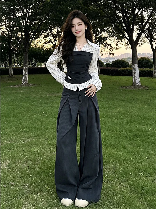 Fashionable Casual Women's Two-Piece Set Autumn 2026 Design Sense Shirt Wide Leg Pants Ensemble High Waist Striped Pattern