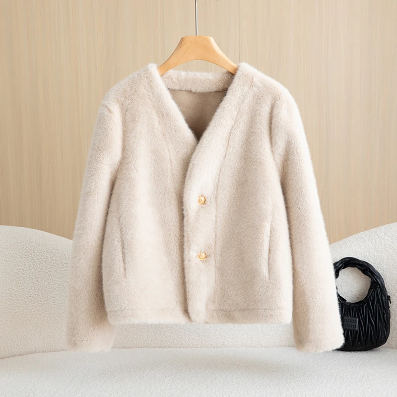 معطف قصير سميك لفصل الخريف والشتاء، جاكيت نسائي من الفرو الصناعي المخملي بلون ذهبي، ذو تصميم نحيف مع فتحة عنق على شكل حرف V، ...