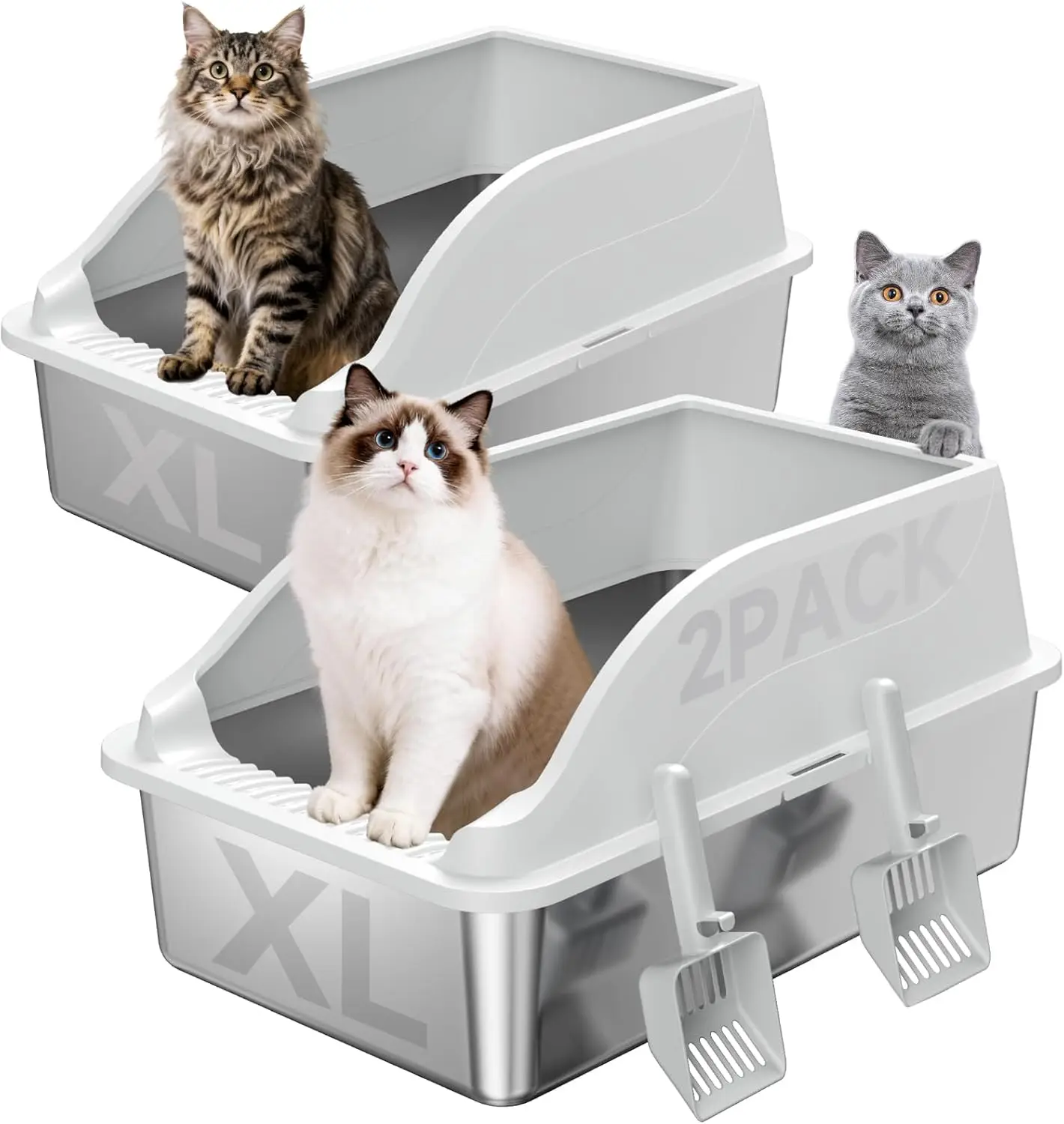 

Очень большой лоток для кошек из нержавеющей стали, без запаха, с высокими бортиками и совком, легко чистится