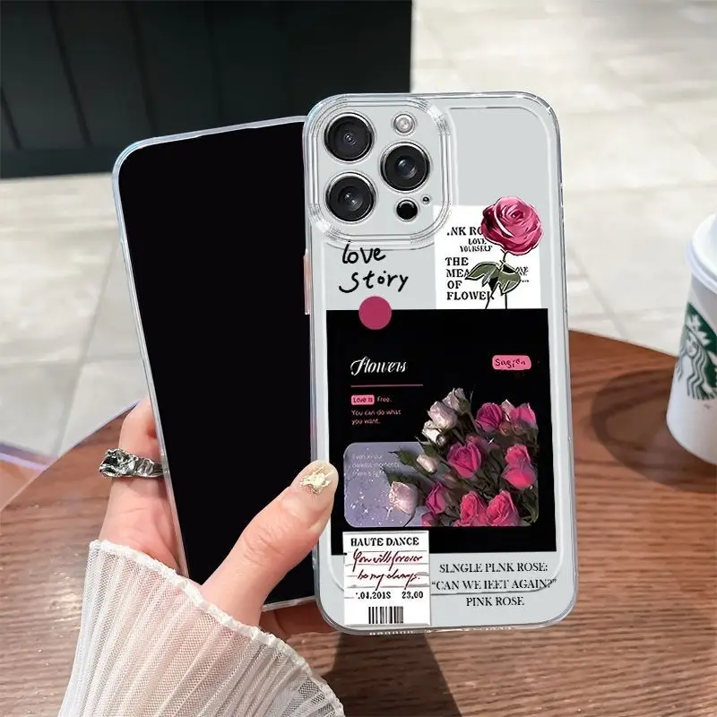 

Transparent Creative Newspaper Rose Phone Case For IPhone 16 15 14 13 12 11 PROMAX XXS XR 7 8 Plus Soft Silcone Phone Case Cover