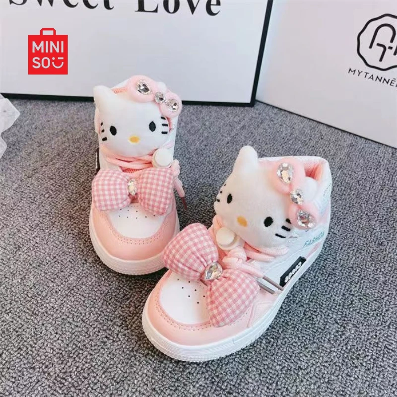 

Miniso 2025 Cartoon Cat High-Top Sneakers, Non-Slip Soft Sole Breathable Shoes for Girls & Kids Fall Fashion