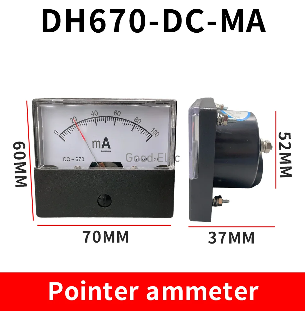 DC Ammeter DH-670 DC 0-500 mA 1MA 2MA 3MA 5MA 10MA 20MA 30MA 50MA 100MA Rectangular Ampere Needle Panel Meter Gauge Amperemeter