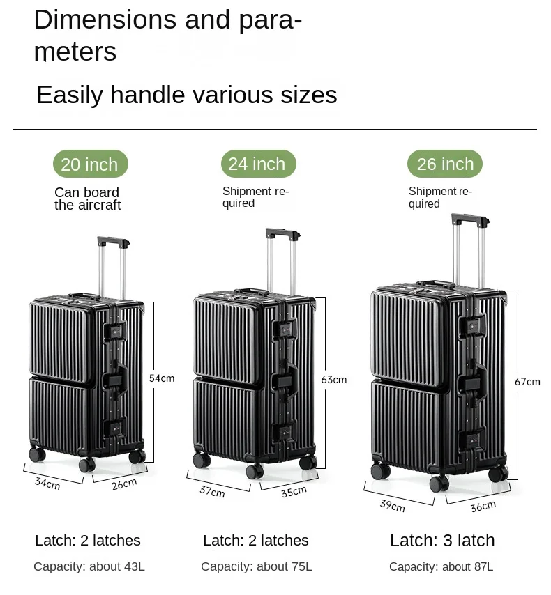 حقيبة فتح أمامية بإطار من الألومنيوم حامل بسعة كبيرة 28 بوصة أمتعة كبيرة الحجم 20 بوصة حقيبة سفر بمقصورة رحلة 2025 جديد