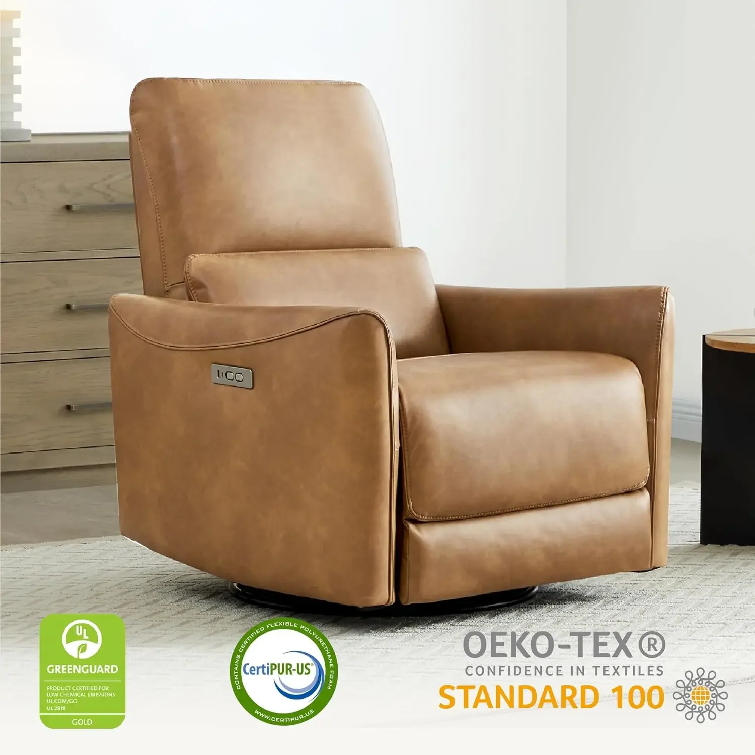 Silla reclinable eléctrica, planeador giratorio, sofá reclinable tapizado con certificación FSC de piel sintética para sala de estar y guardería