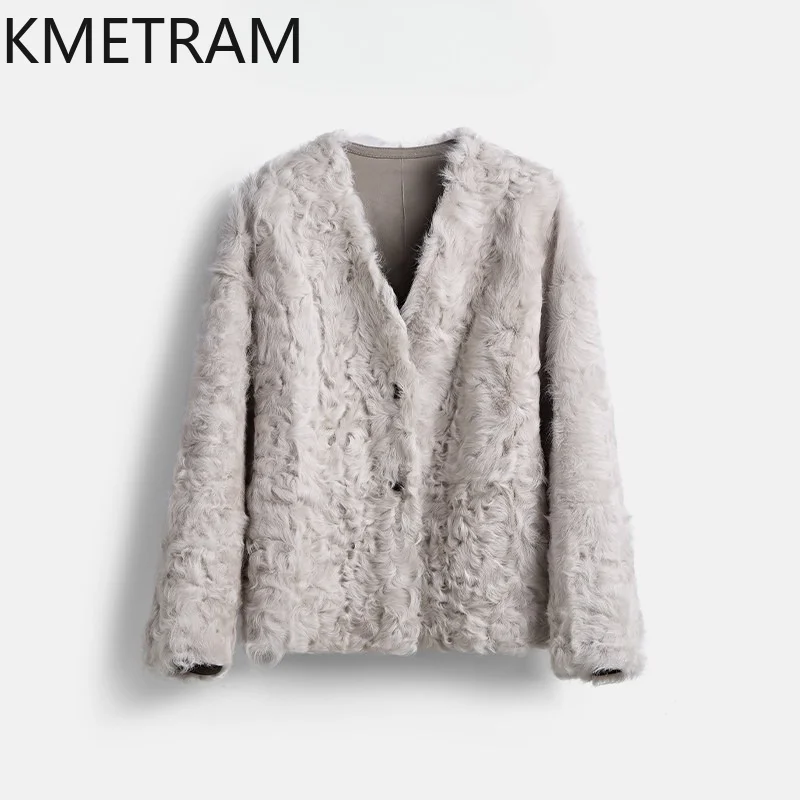 KMETRAM High Quality 100% Xiaohu Sheep Shearling Fur Coat Woman Reversible Outerwear Cropped Fur Jacket Women Winter Coats Шуба