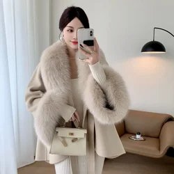 Real Big Fur Coat Women Detachable Collar Woolen Jacket New Fashion Winter Autumn Loose Cashmere Blends Luxury Fashion Cloak