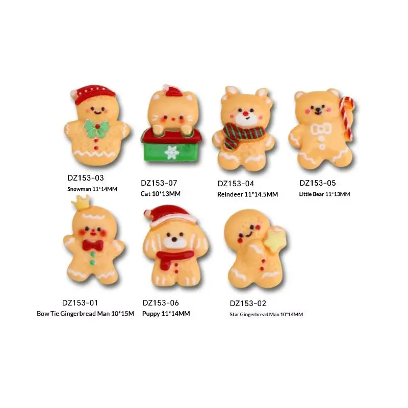 10PCS Kawaii Christmas Gingerbread Man Elk Resin Nail Charms Cartoon Creative Yellow Bear Snowman Nail Art Decorations DIY Nails