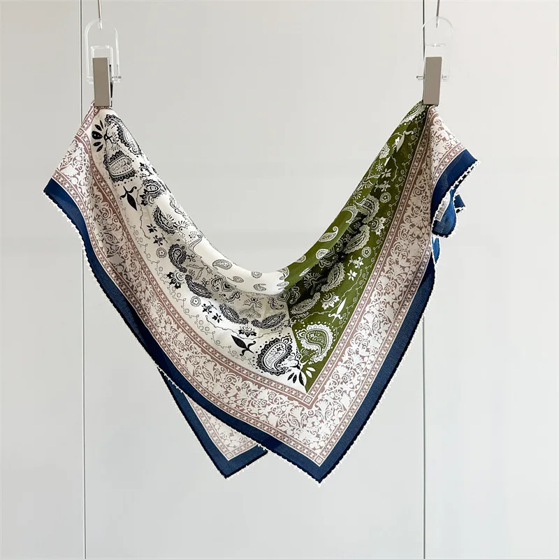 

Women's Paisley Print Silk Square Scarf, 100% Silk Neck Scarf Green Bandana with Navy Blue Border, Vintage Kerchief for Women