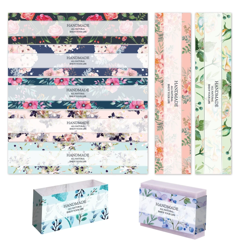 90pcs Flower Wrap Tape, 9 Styles Rose Blossom Leaf Soap Paper Labels Crafts Wrapper Sleeves Covers Vertical Tags Soap Paper