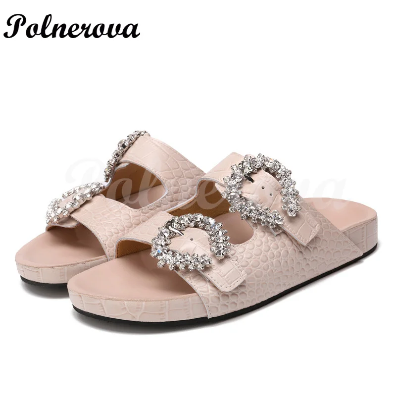 

Cowhide Rhinestone Thick Bottom Sandals for Women One Word Open Toe Fairy Sweet Style Outerwear Slippers Beach Sandals New In