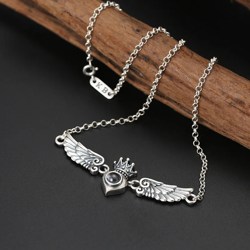 Chaîne de clavicule en argent regardé S925 pour dames, ornement micro sculpté, 100 sortes, je t'aime, ailes de couronne, collier fin, argent thaïlandais