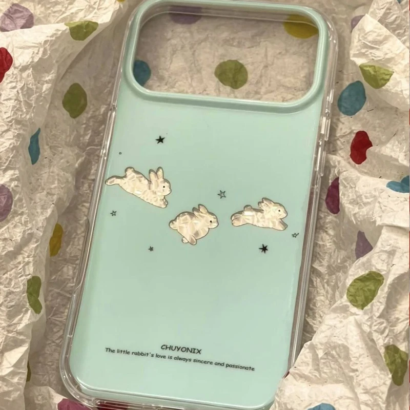 Lovely Simple Mint Green Diamond Cartoon Rabbit Phone Case For IPhone Ultra 18 17 Air 16 Pro Max 15 14 Plus 13 12 11 Clear Cover