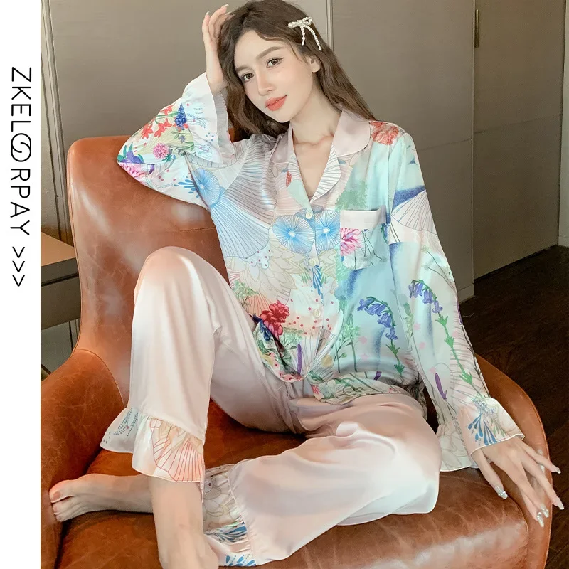 

French Thin Ice Silk Women's Pajamas Sets High-end Simulation Silk Home Service Sleepwear Spring and Autumn Nightwear Suit