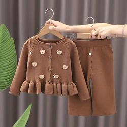 2PCS Baby Girls Fall Outfits Long Sleeve Button Down Cardigan Tops + Pants Set Toddler Warm Clothes