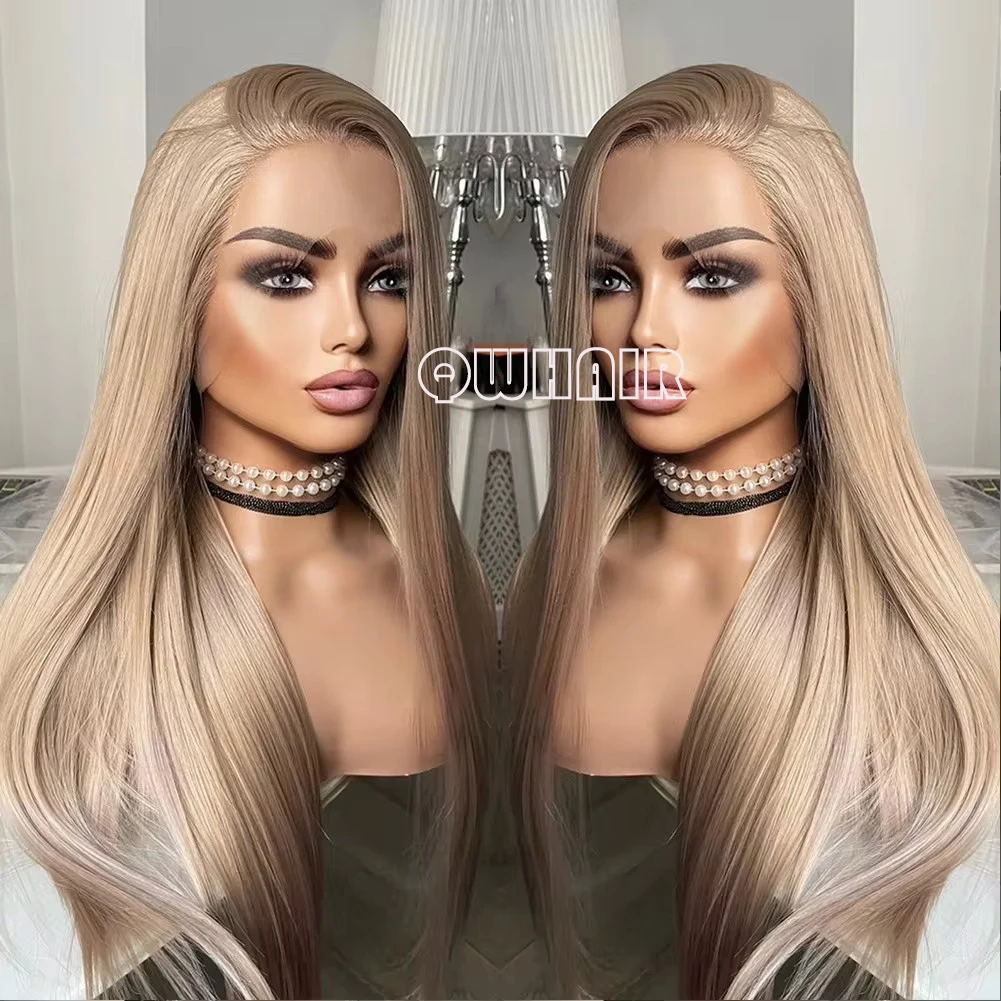 

QW Synthetic Hair Ash Blonde Straight Soft 13X4 Lace Front Wig For Women Glueless Hair Heat Resistant Fiber Cosplay Daily