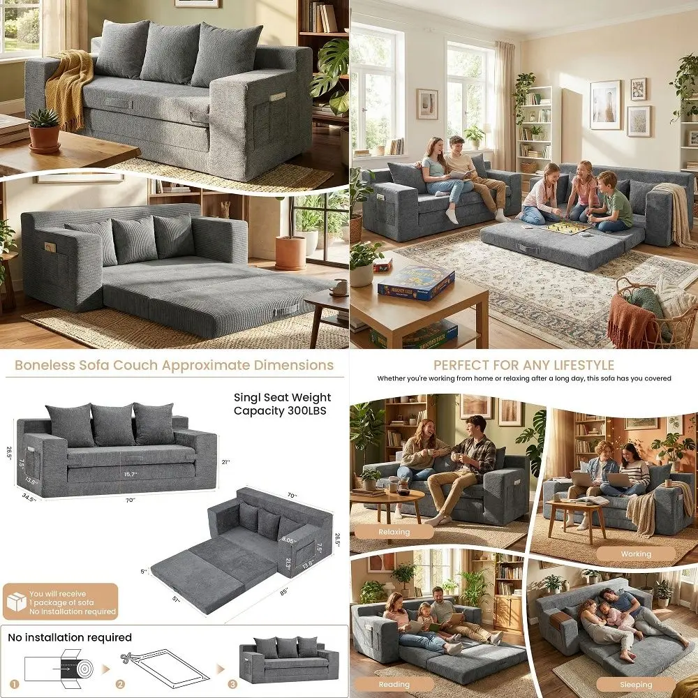 

Couch Sofa Bed, 70 Convertible TriFolding Futon Sleeper with Handle amp Side Pockets, Pull Out Couch Bed with Hook and Loop No