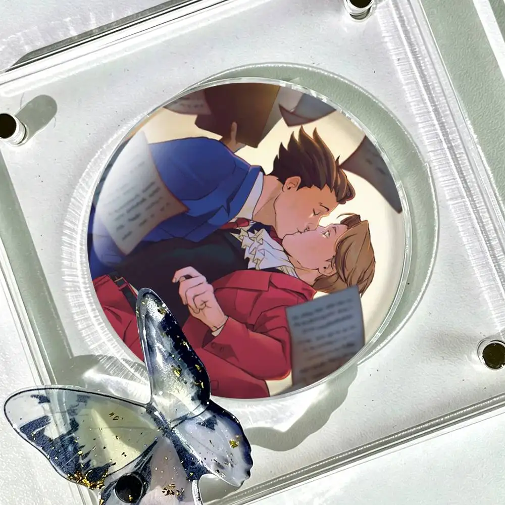 P-Phoenix Wright Miles E-Edgeworth Badges 25 32 44 58 75 mm Round Fans Collect Friends Gifts Brooch Souvenir