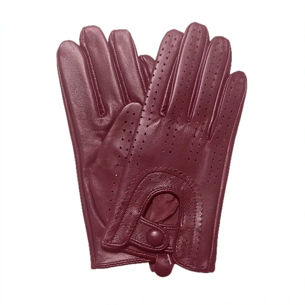 Womens Soft Leather Gloves Lambskin Thin Perforated Texture Driving Cycling Retro Spring Fashion Outdoor Mittens