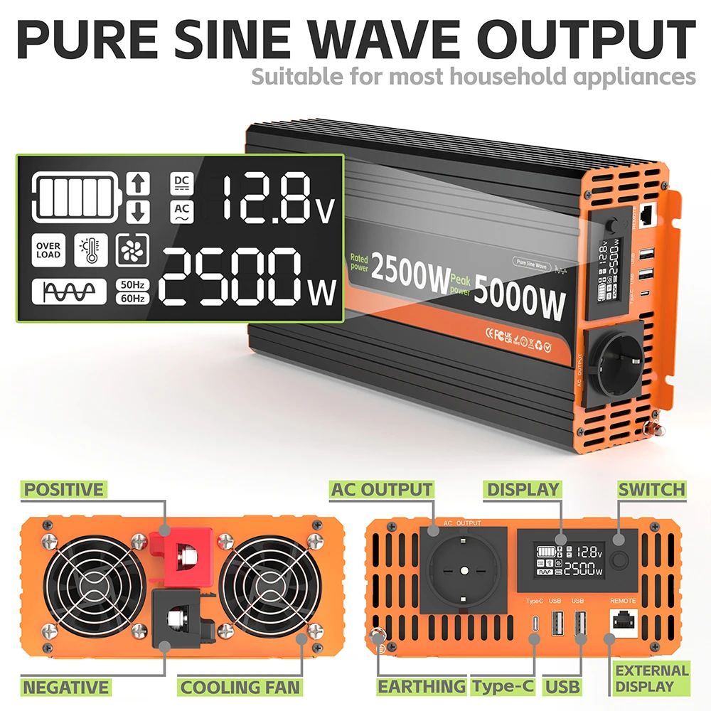 YULONGNE 2500W (5000W Peak) Pure Sine Wave Inverter 12V/24V to 230V EU Socket with LCD Display for Caravan Truck Solar Inverter - view 3